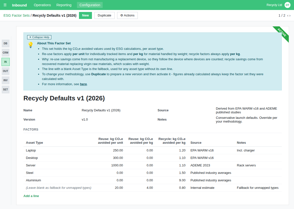 An ESG Factor Set with its three factor columns, the fallback line and the collapsible help panel