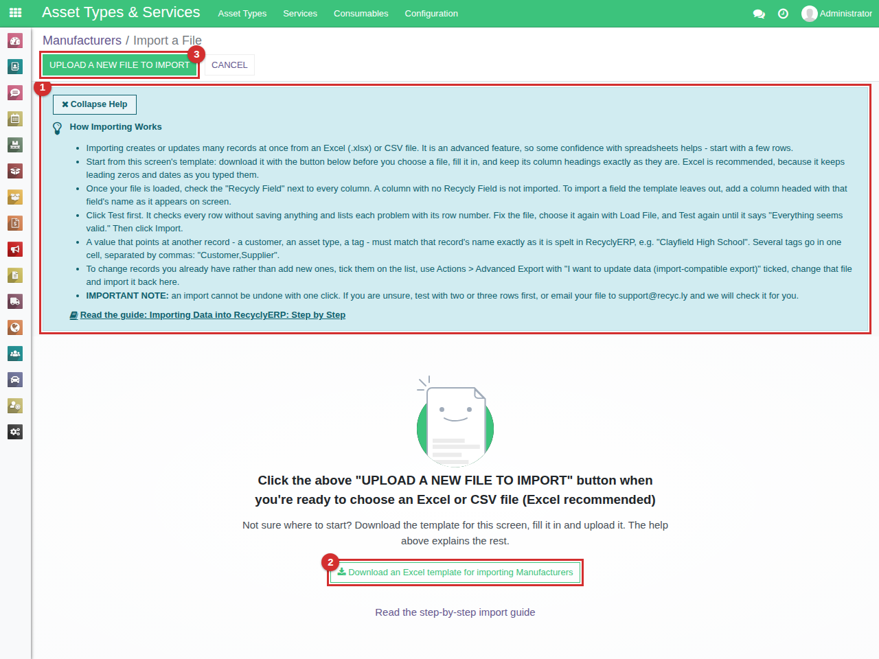 The import screen before a file is chosen: 1 the help panel, 2 the template button, 3 Upload a New File to Import