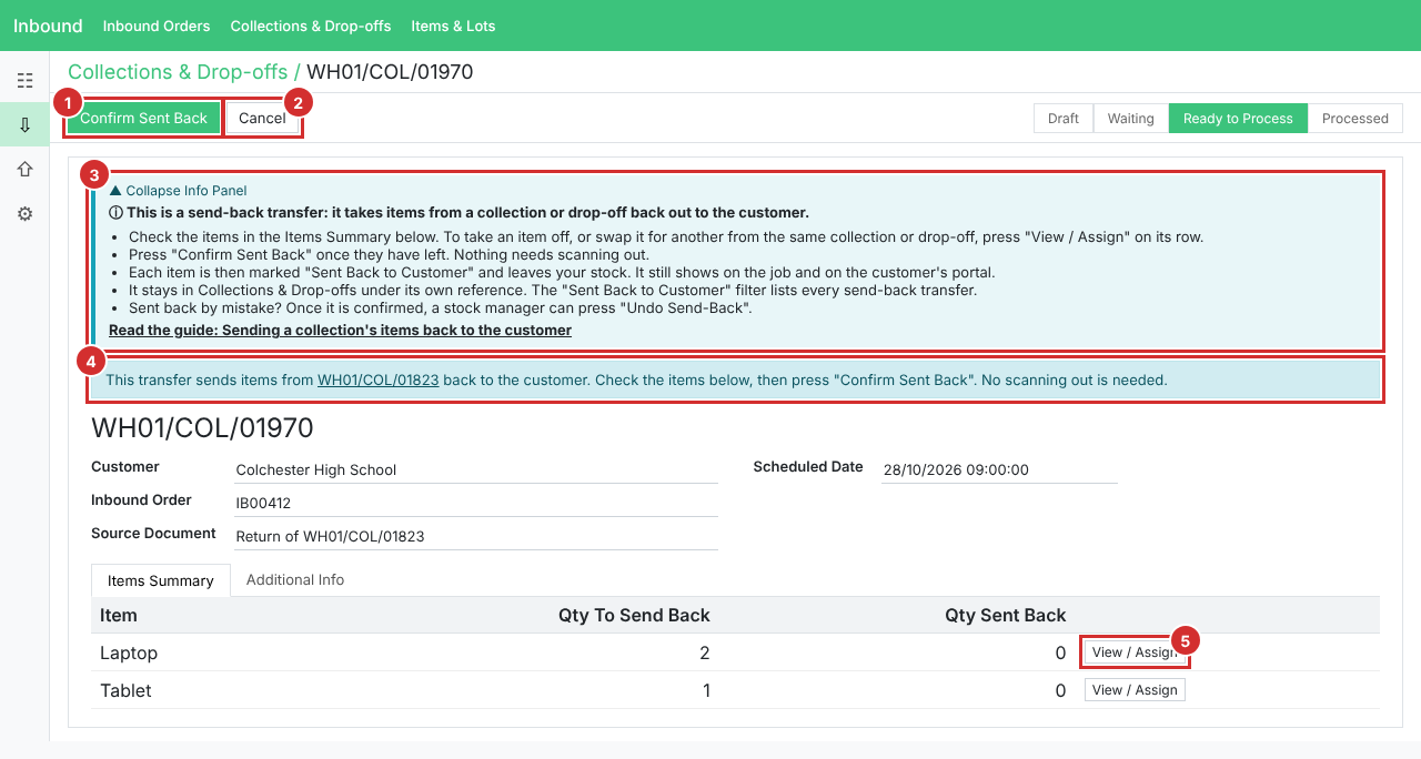 A send-back transfer waiting to be confirmed, with Confirm Sent Back and Cancel at the top and View / Assign on each row