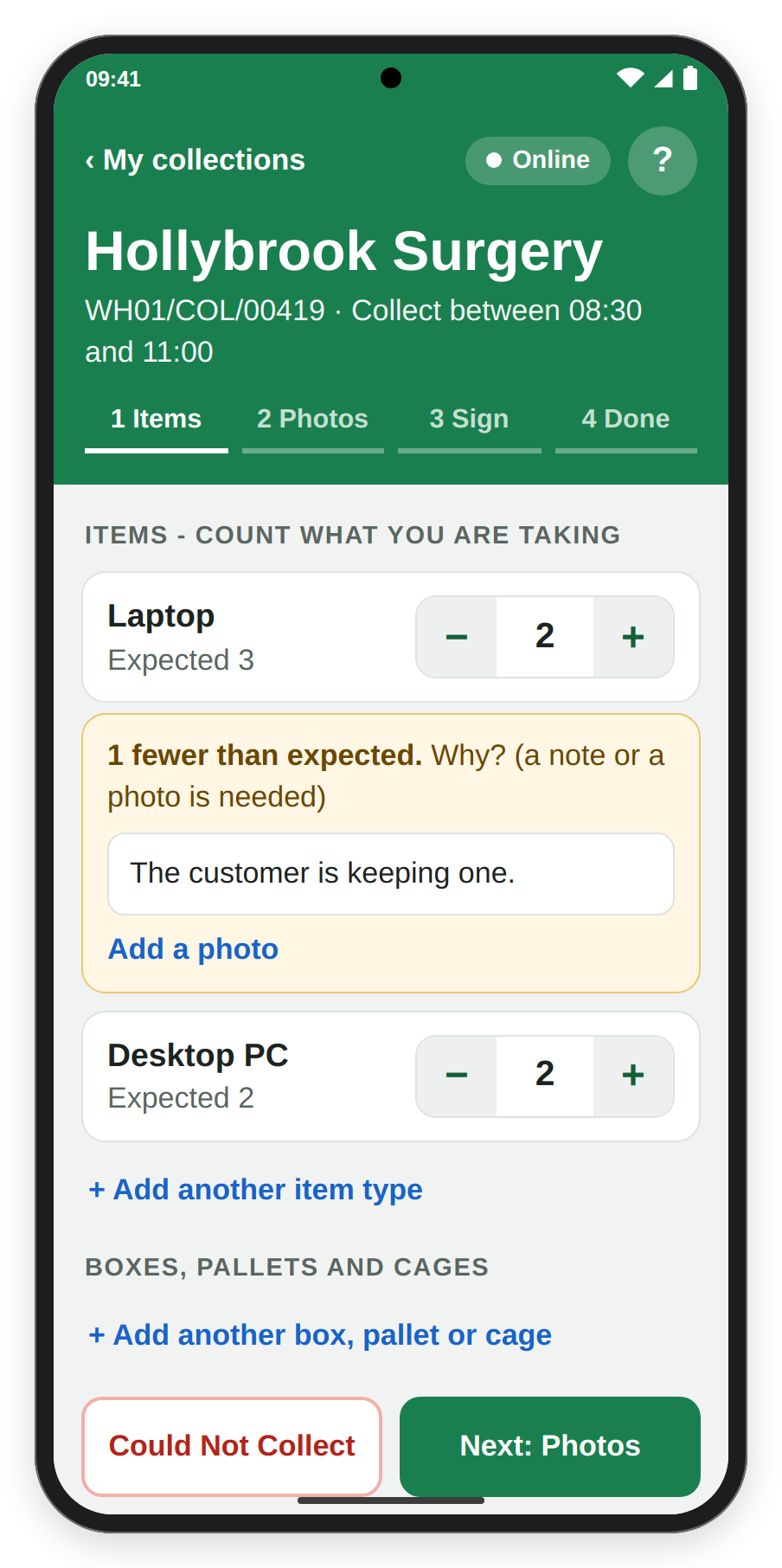 Step 1 Items with one laptop fewer than expected and the reason typed in, and the desktop PCs counted as expected.