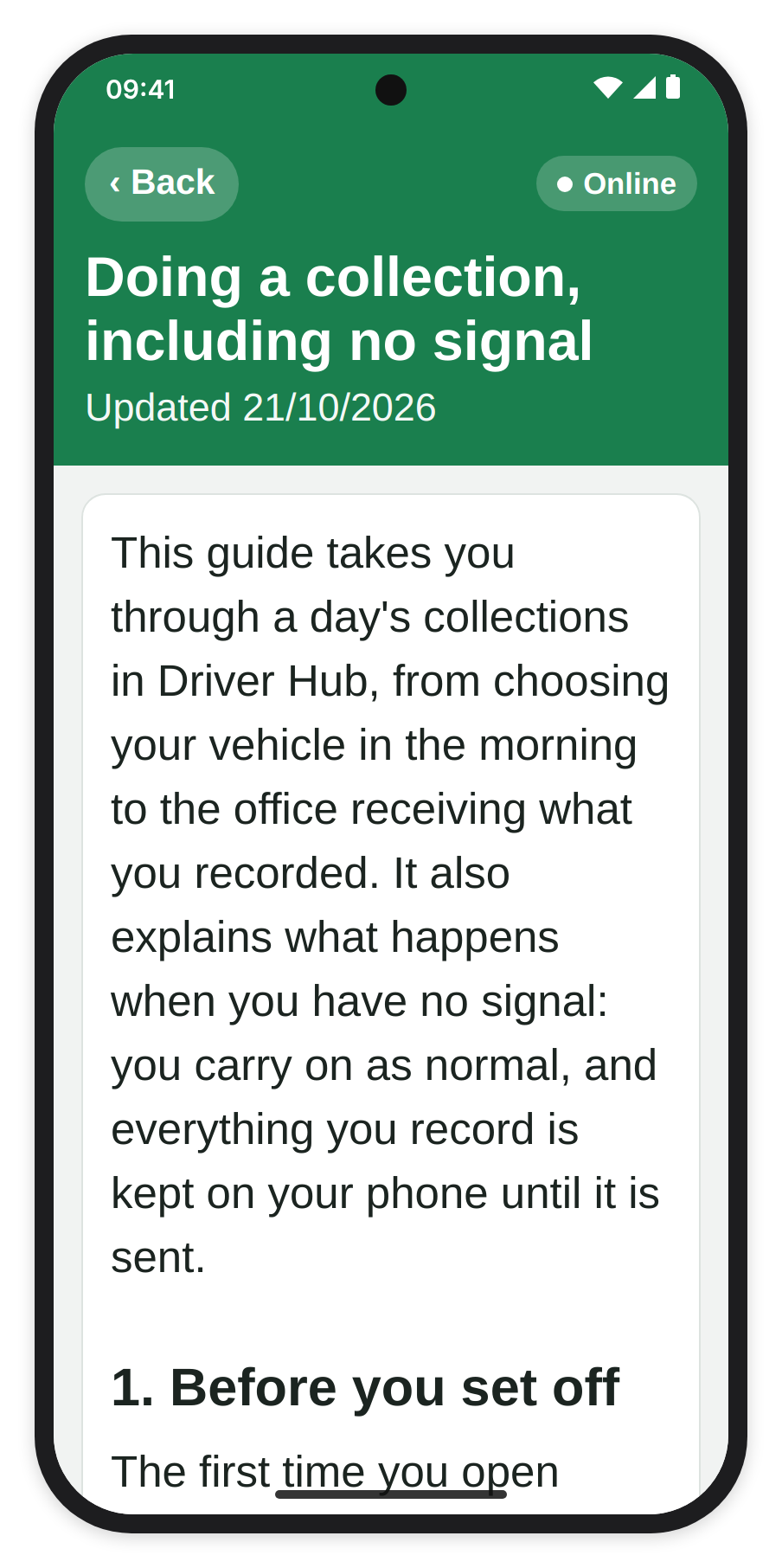 Doing a collection, including no signal open inside Driver Hub, with Back at the top left and Updated 21/10/2026 under the title.