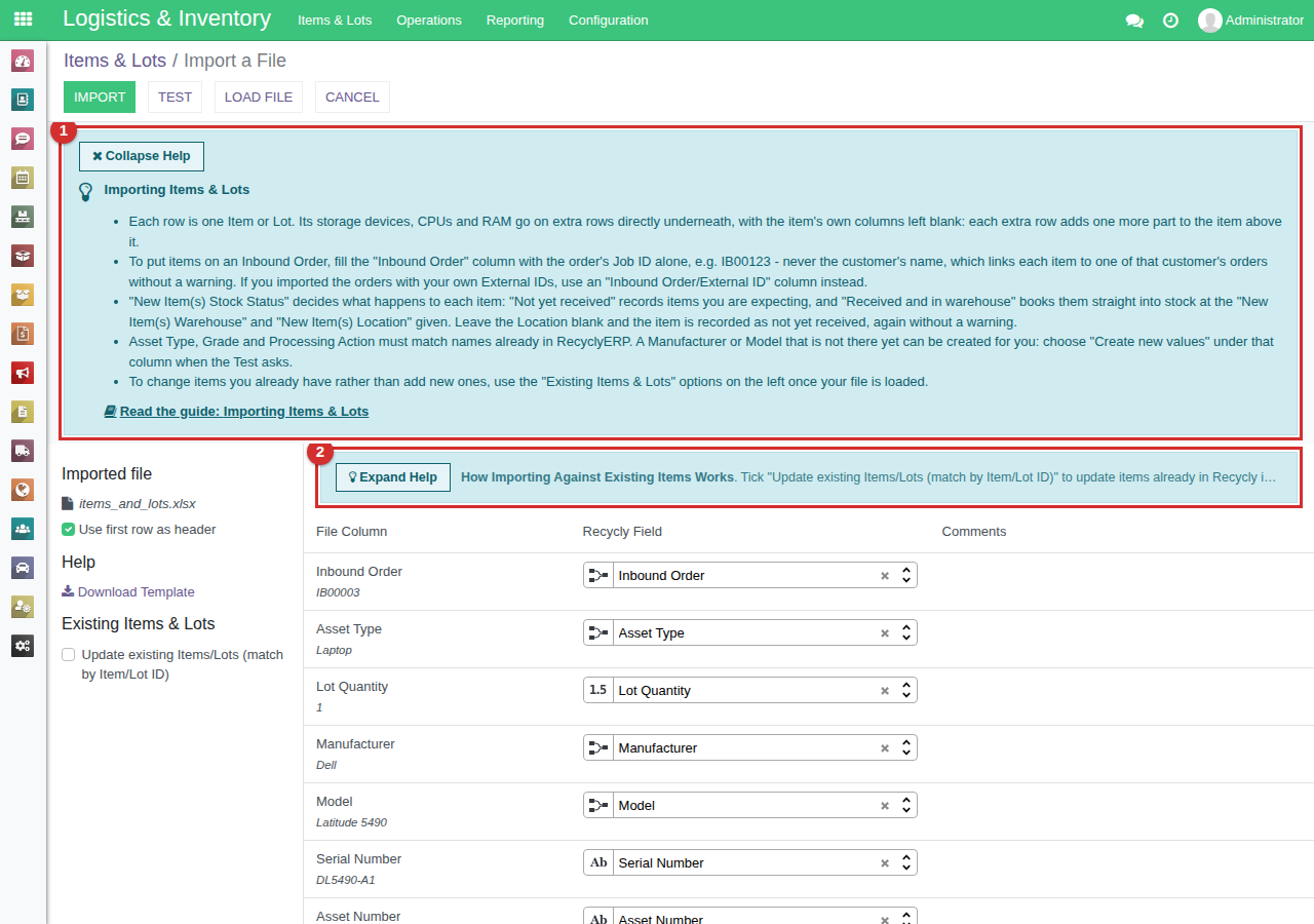 The Items and Lots import screen with the file loaded: the Importing Items and Lots panel marked 1, the How Importing Against Existing Items Works panel marked 2
