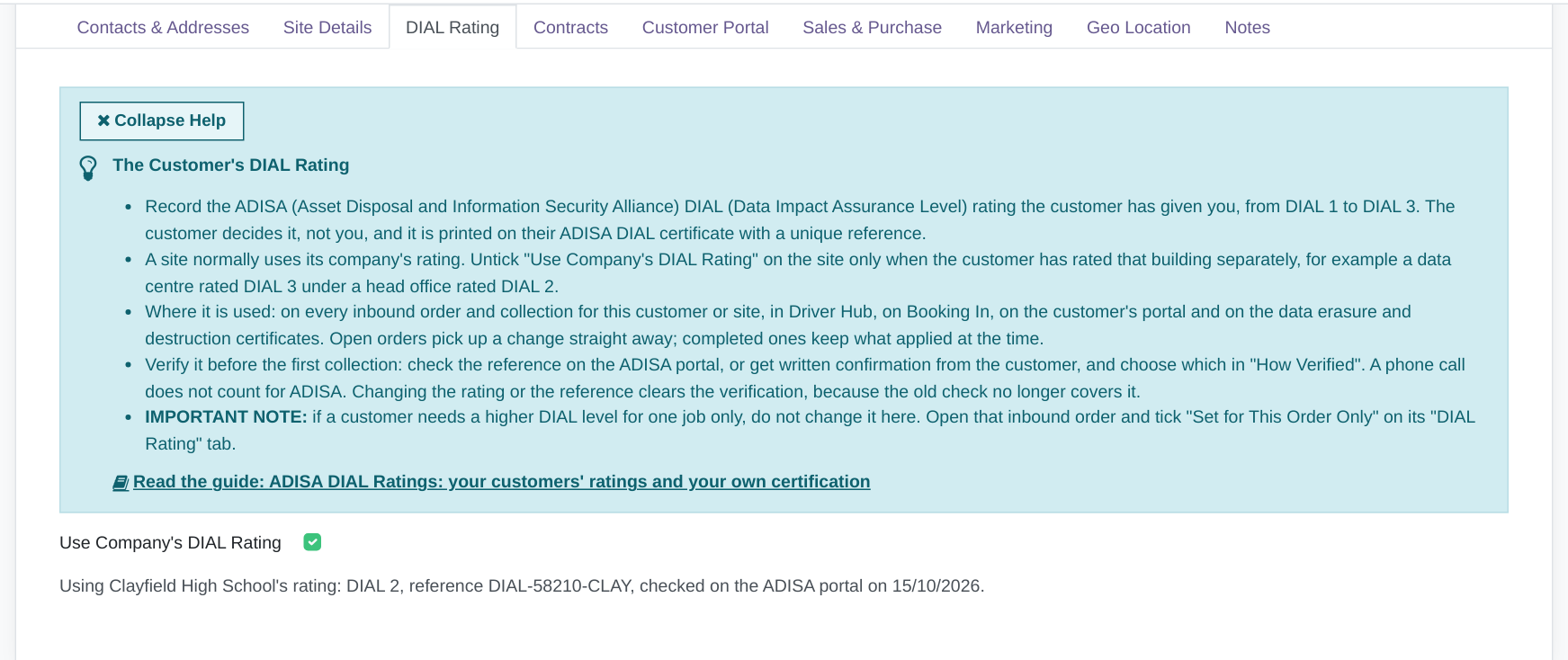 A site's DIAL Rating tab with Use Company's DIAL Rating ticked and the line Using Clayfield High School's rating: DIAL 2, reference DIAL-58210-CLAY, checked on the ADISA portal on 15/10/2026.