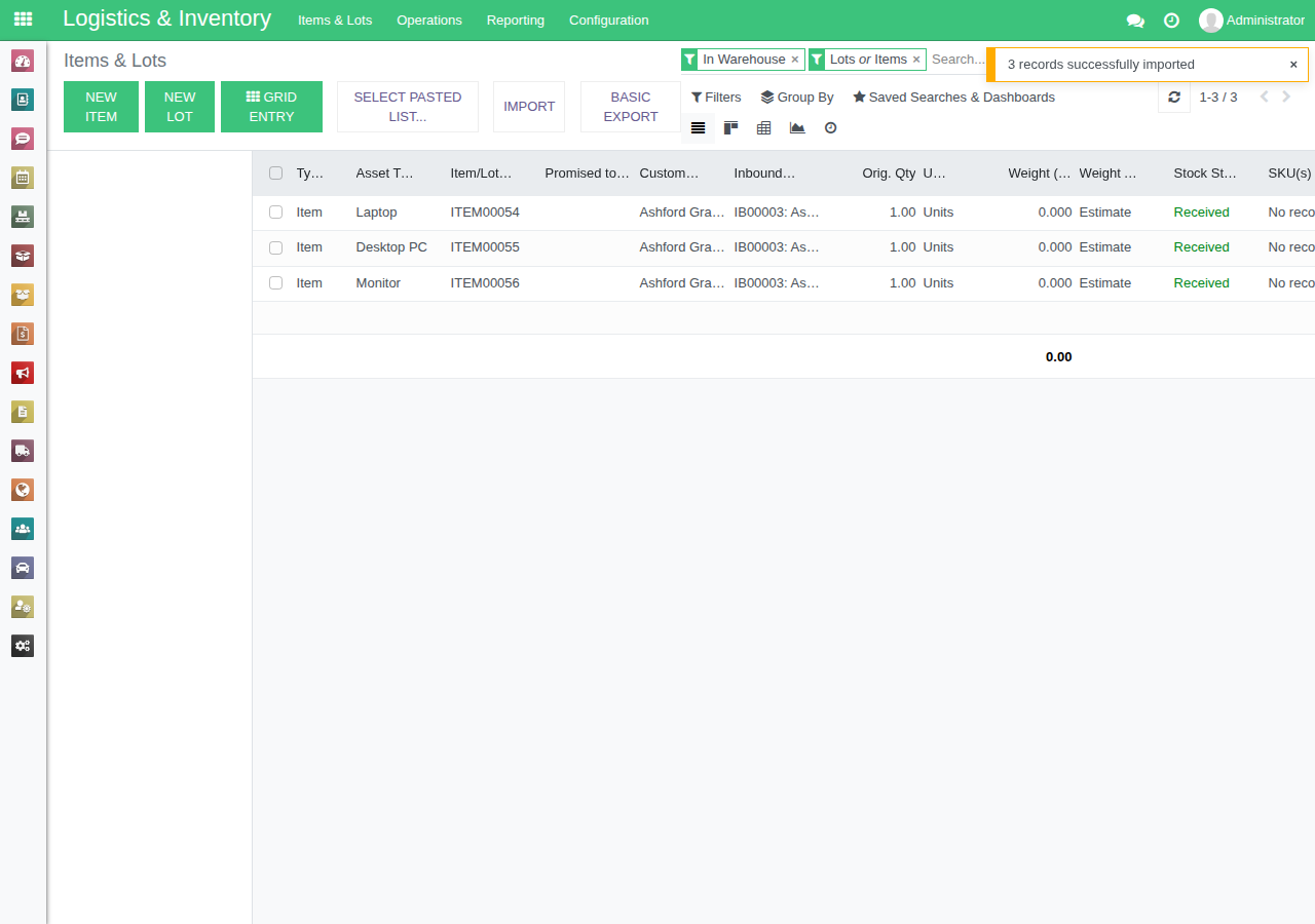 The Items and Lots list after the import: three items on IB00003, each Received, and the message 3 records successfully imported