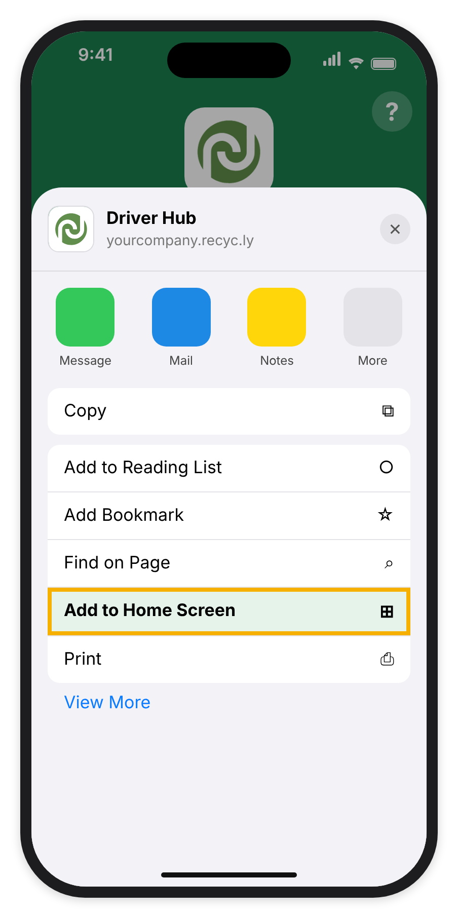 Safari's Share sheet over Driver Hub, with Add to Home Screen highlighted and View More below.