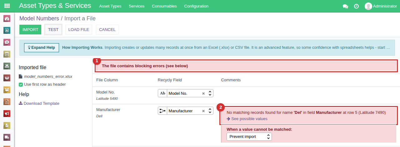 Test finds a blocking error (1): no manufacturer called Del, at row 5 (2)