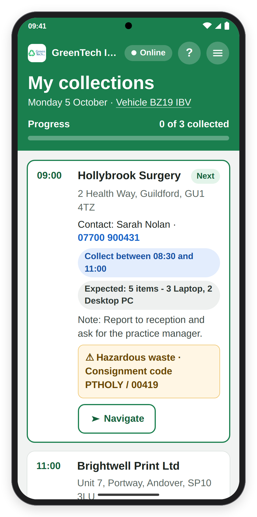 My collections with the first collection marked Next, showing its contact, collection window, expected items, a note and the amber hazardous waste badge with its consignment code.