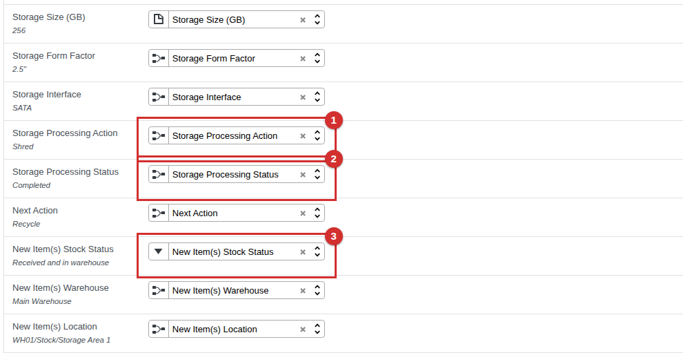 The hard drives file loaded: Storage Processing Action marked 1, Storage Processing Status marked 2 and New Item(s) Stock Status marked 3, each matched to its field