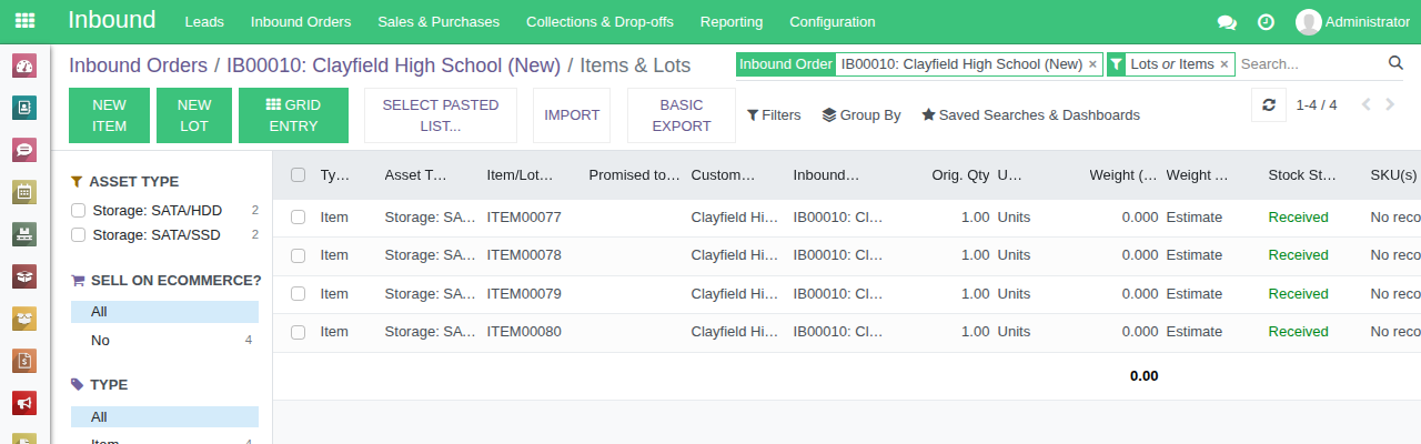Inbound Order IB00010 for Clayfield High School, with its four imported drives, each Received