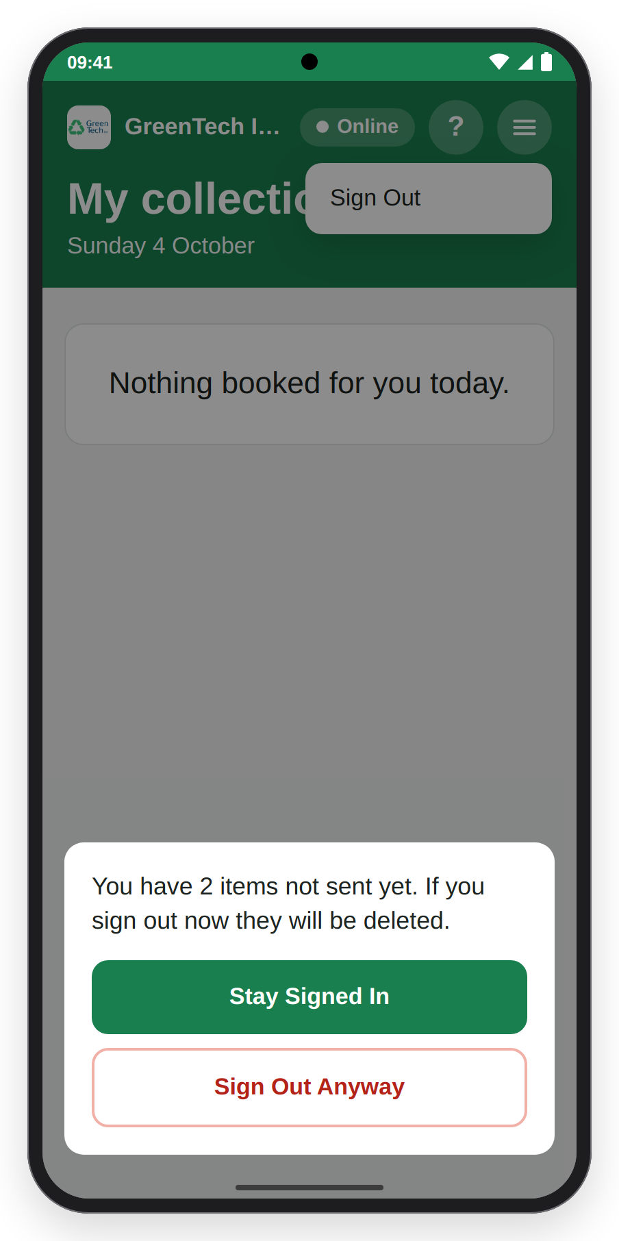 Driver Hub's sign-out warning with Stay Signed In and Sign Out Anyway.