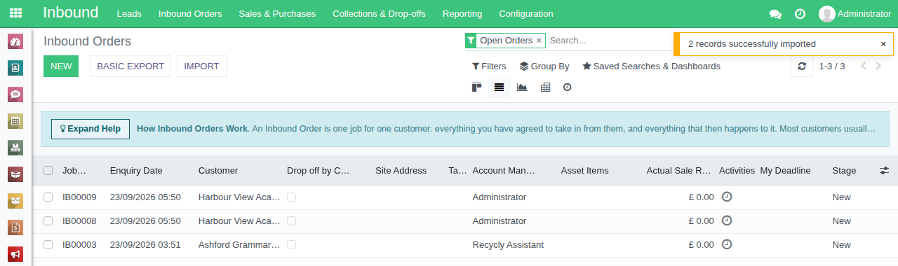 The Inbound Orders list after the import: two new orders for Harbour View Academy
