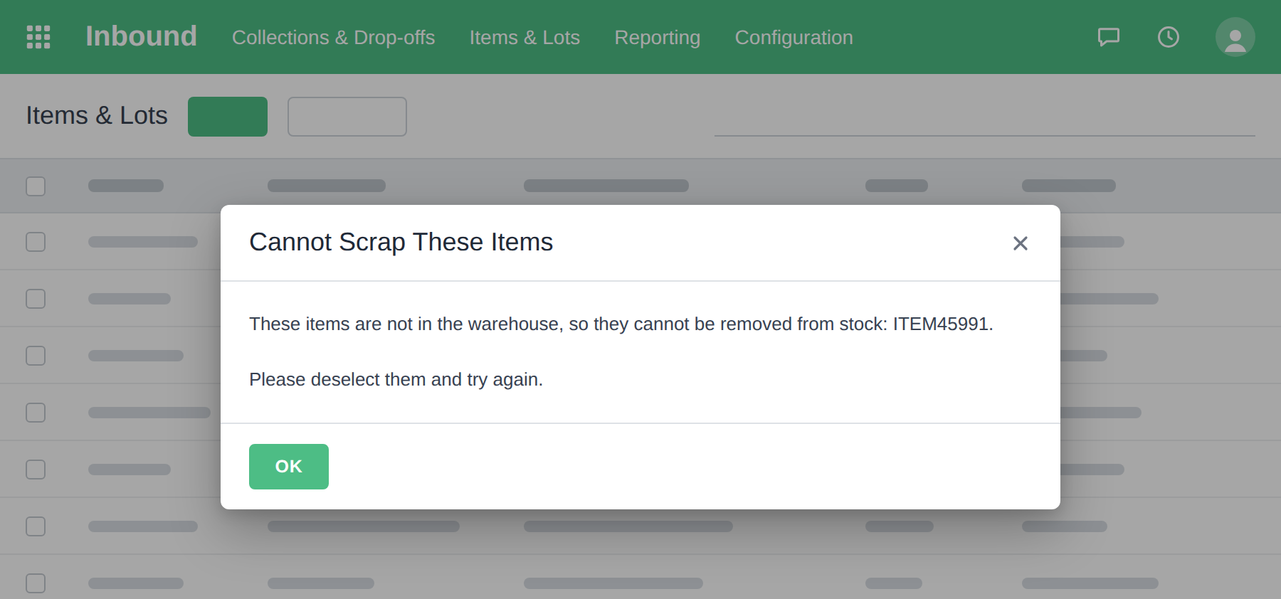 The Cannot Scrap These Items popup, naming an item that is not in the warehouse and saying what to do on a line of its own