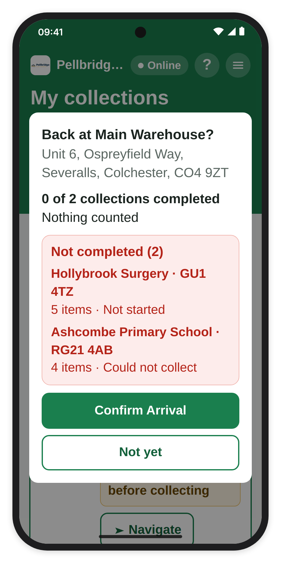 Back at Main Warehouse? with the depot address, 0 of 2 collections completed, Nothing counted, both collections under Not completed in red, and Confirm Arrival and Not yet.