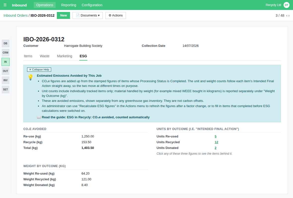 The ESG tab on a job, showing CO2e Avoided, the clickable Units by Outcome figures and Weight by Outcome in kilograms