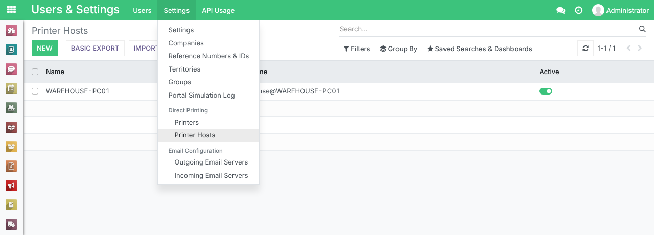 The Printer Hosts list under Users and Settings, Settings, Direct Printing, Printer Hosts, with each host's Name, Hostname and Active switch