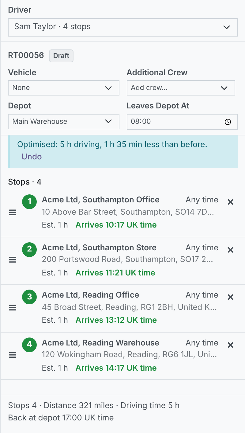 The same route after Optimise Route: the line Optimised: 5 h driving, 1 h 35 min less than before, with Undo, and the two Southampton stops followed by the two Reading stops.