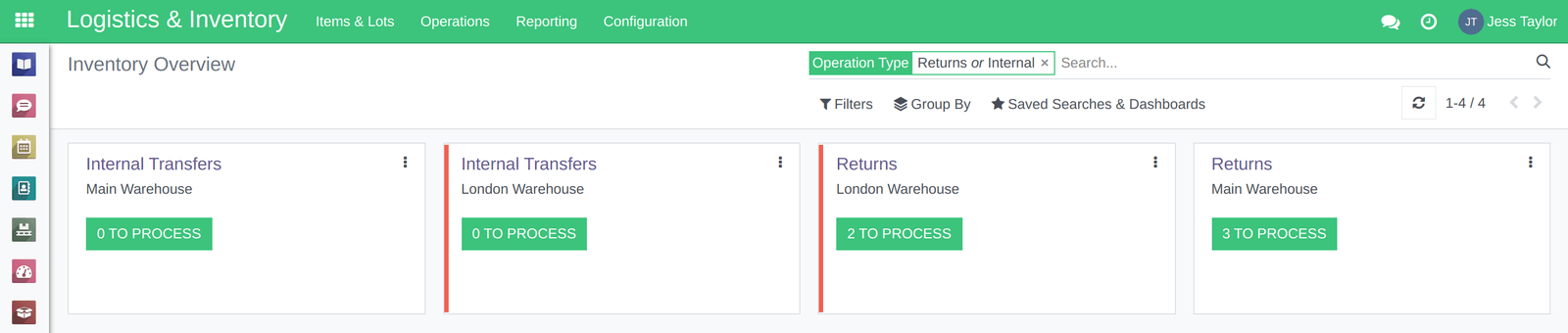 Inventory Overview in RecyclyERP with transfers and returns by warehouse