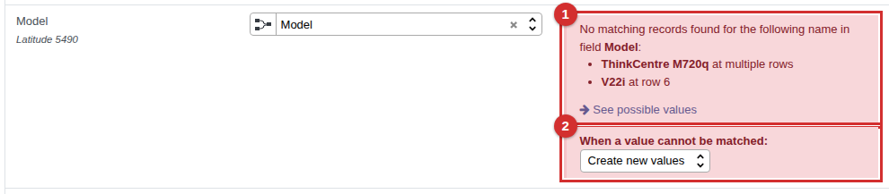 Test lists two Models not found in RecyclyERP, marked 1, and When a value cannot be matched set to Create new values, marked 2