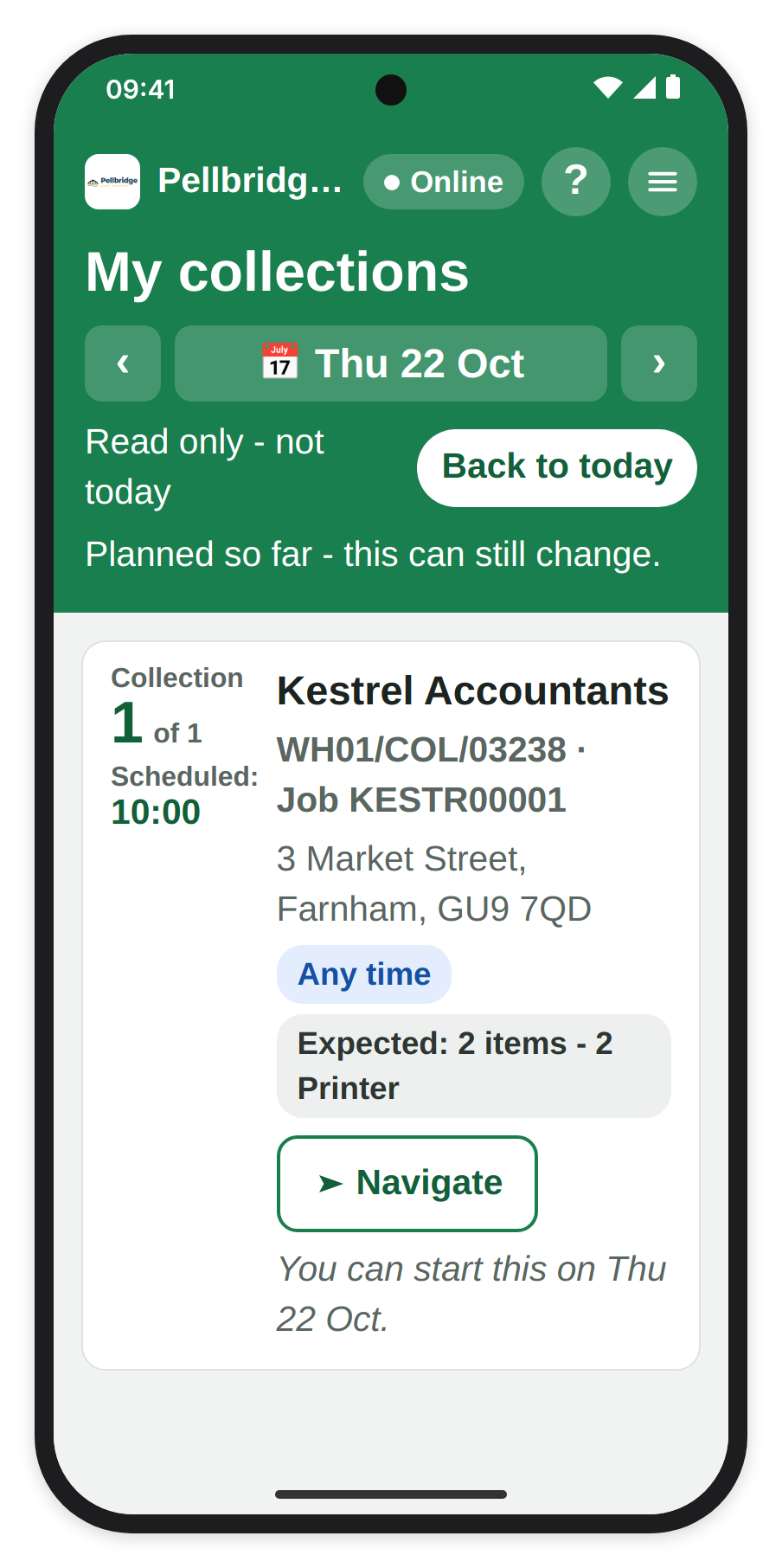 My collections for tomorrow, Thu 22 Oct, with Read only - not today, Back to today and Planned so far - this can still change, above its one collection.