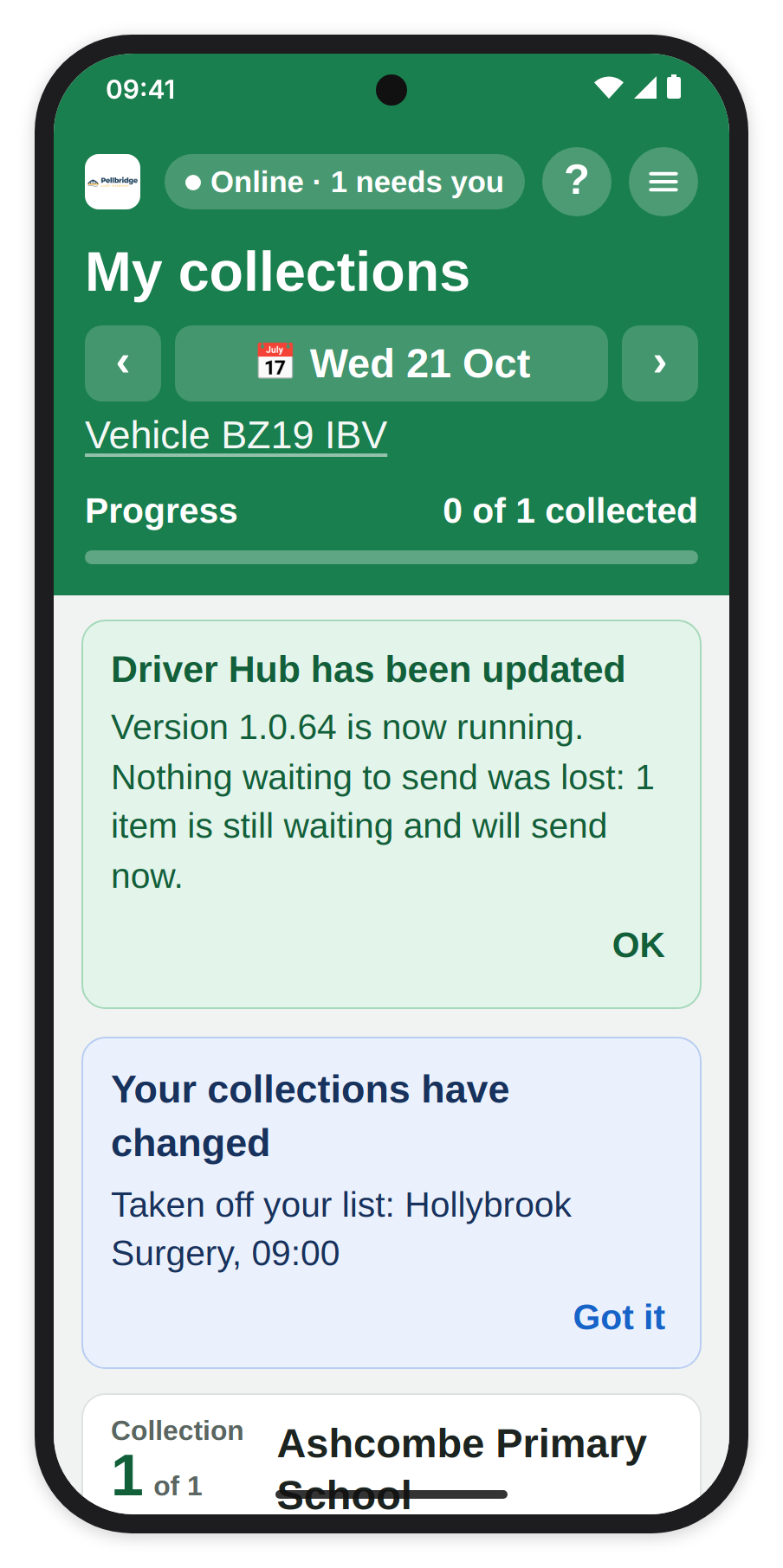 My collections after an update, with the Driver Hub has been updated notice saying Version 1.0.64 is now running and 1 item is still waiting and will send now, and OK.