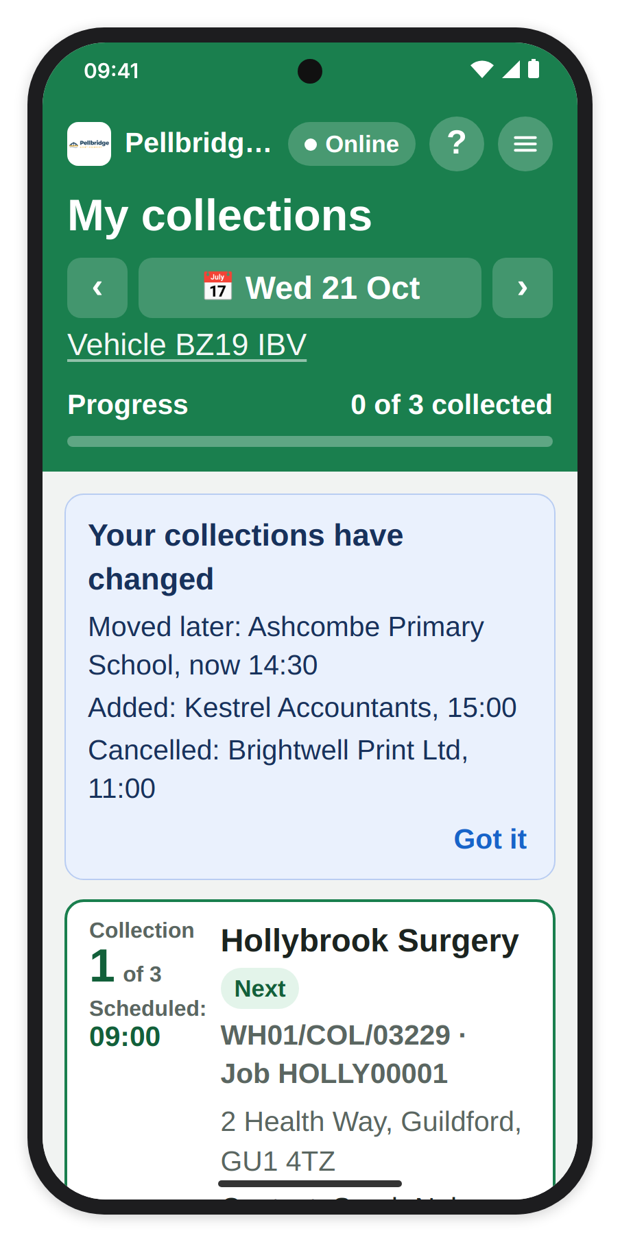 The Your collections have changed banner on My collections: one collection moved later, one added and one cancelled, with Got it, above the first card.