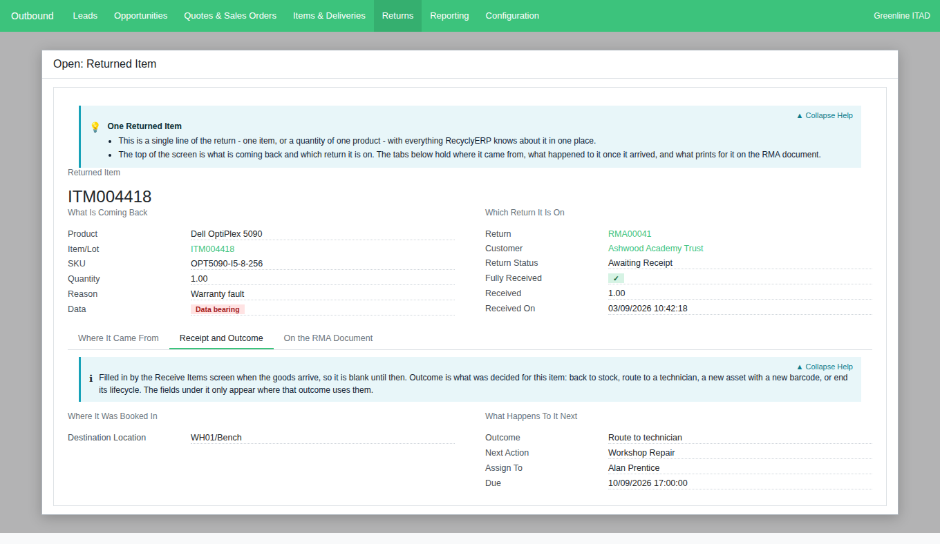 The Returned Item screen over the return: the Receipt and Outcome tab with destination location, outcome and technician job, and a red Data bearing badge above