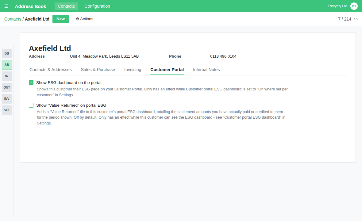 A customer company record on the Customer Portal tab, showing the two ESG ticks and their explanations