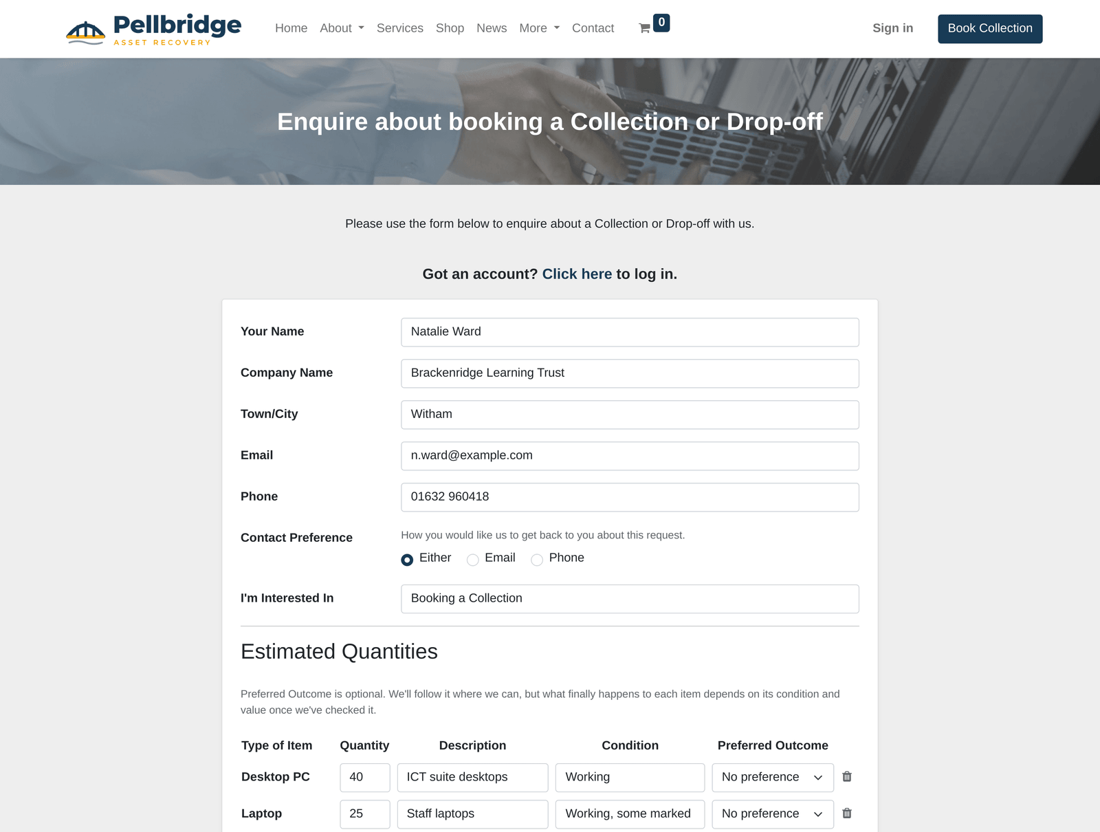 Collection booking form on a website, with contact details and the types of item to collect