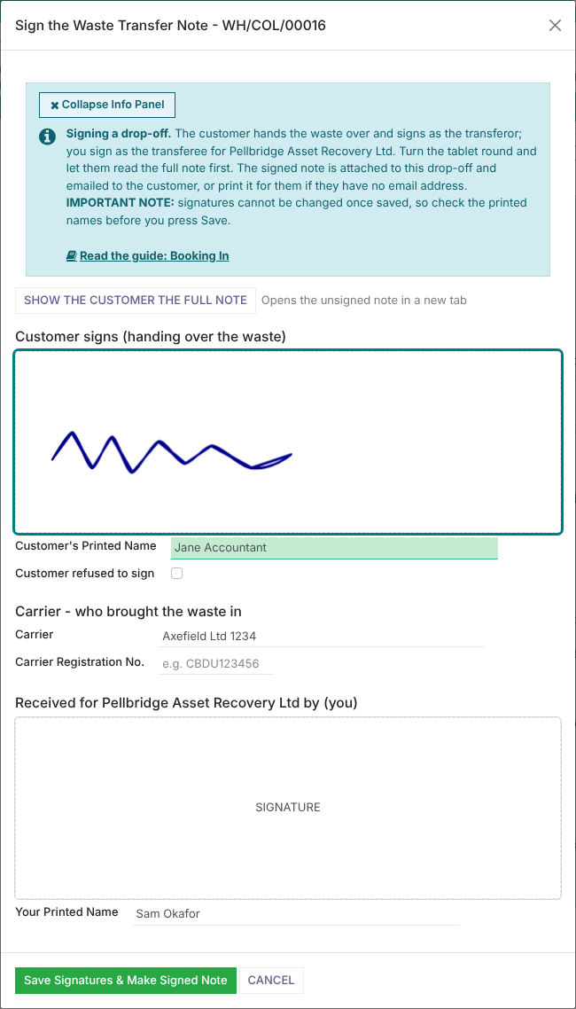 The Sign the Waste Transfer Note popup for a drop-off, with the customer's signature drawn