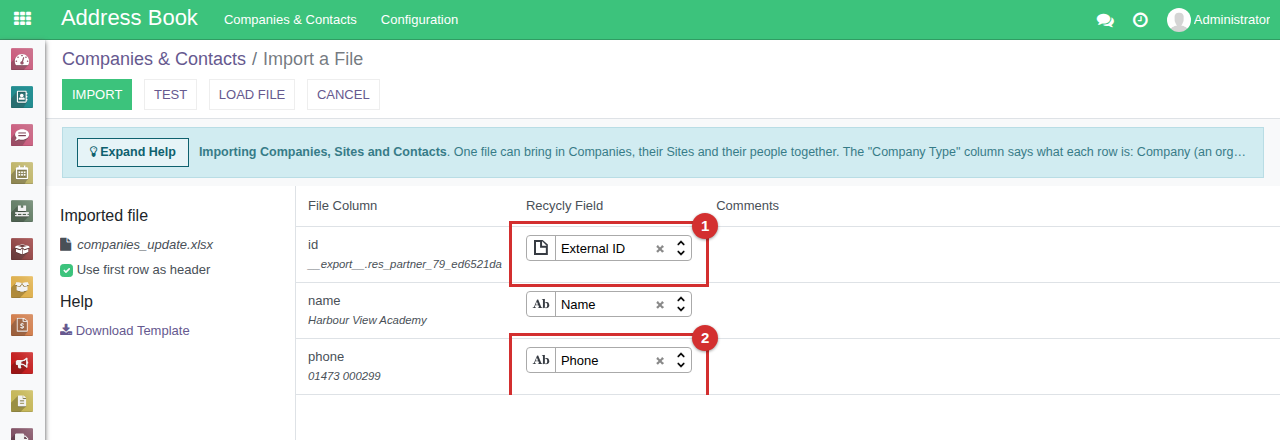 The file loaded on the import screen: the id column matched to External ID, marked 1, and the phone column matched to Phone, marked 2