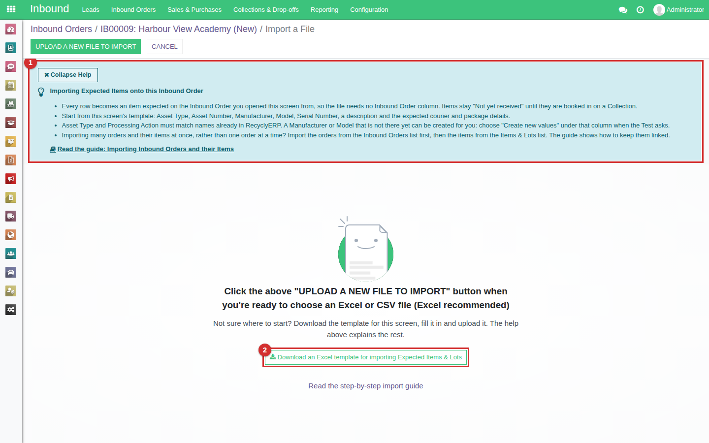 The Expected Items import screen: its help panel marked 1 and its template button marked 2
