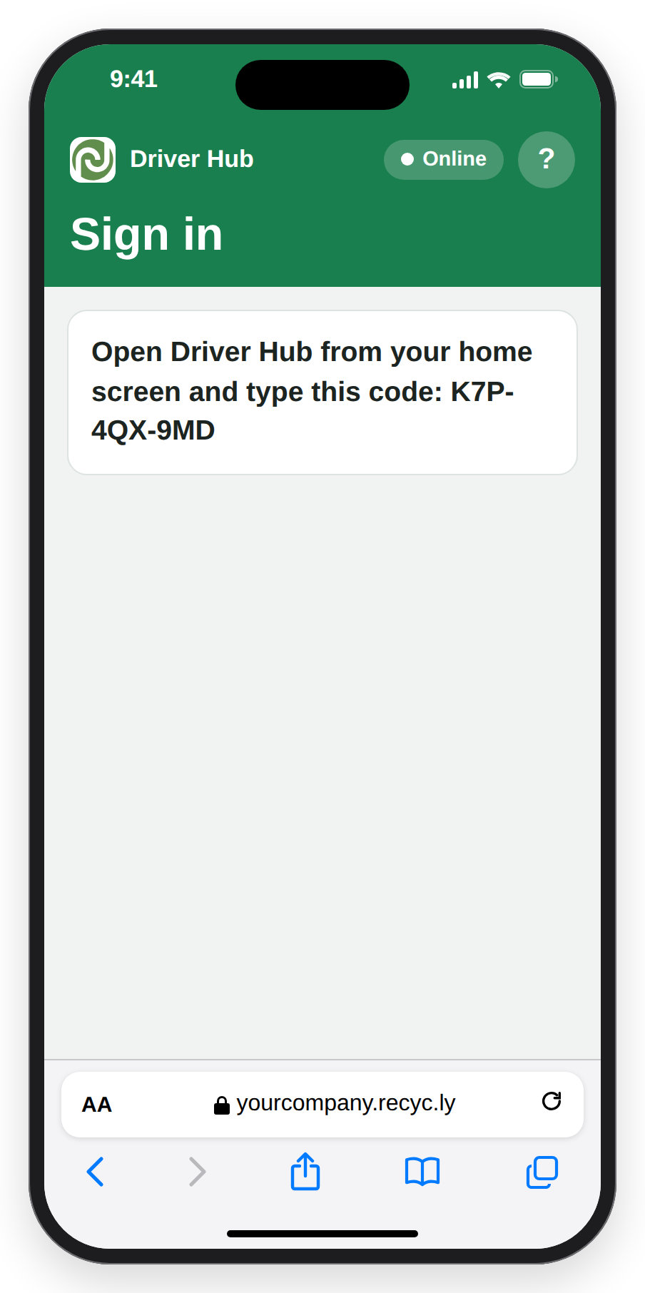 Safari on an iPhone showing Open Driver Hub from your home screen and type this code, with the code.