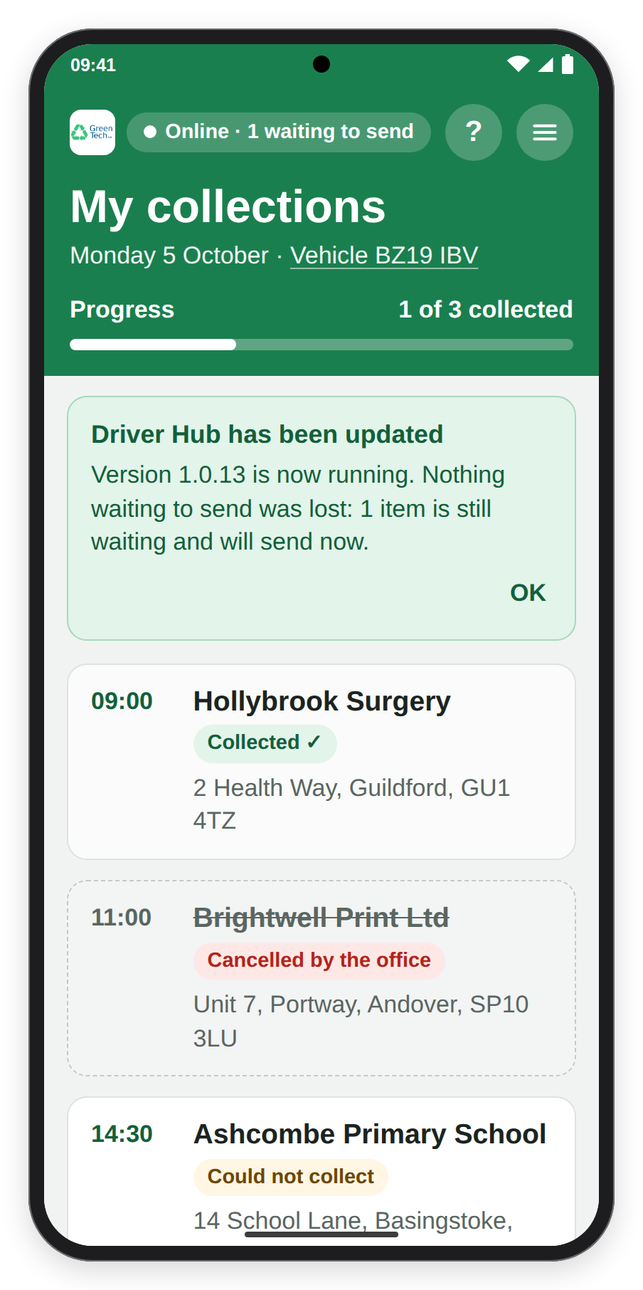 My collections after an update, with the Driver Hub has been updated notice saying one item is still waiting and will send now.