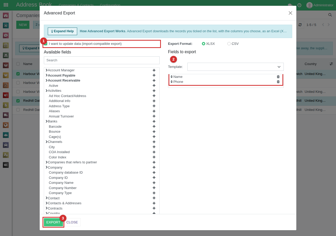 The Advanced Export window: I want to update data ticked, marked 1; Fields to export holding Name and Phone, marked 2; the Export button, marked 3