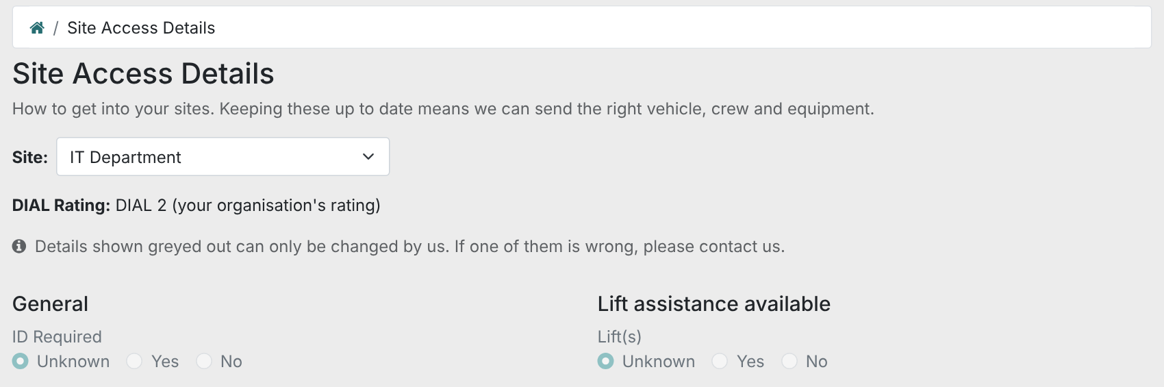 The Customer Portal's Site Access Details page for a made-up customer, with the site IT Department chosen in the Site: picker and the line DIAL Rating: DIAL 2 (your organisation's rating) below it.