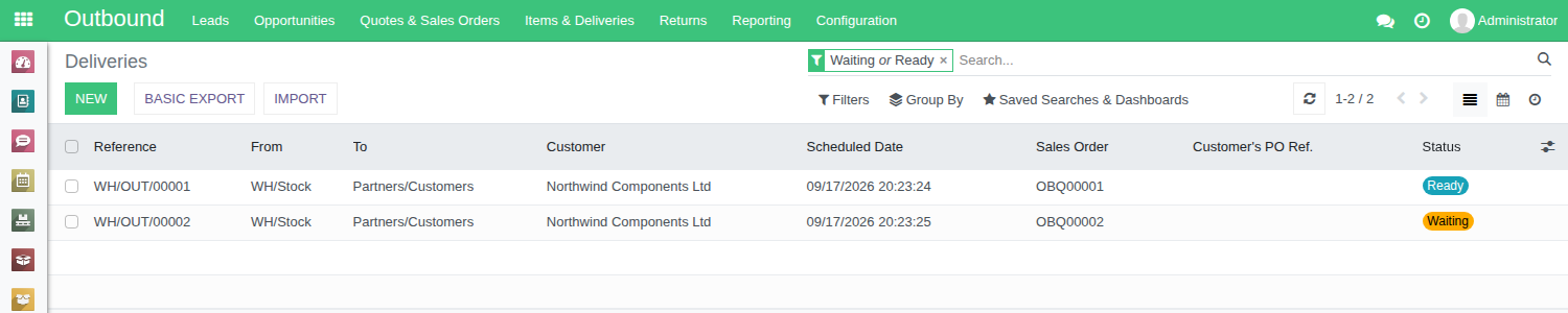 The Deliveries list at Outbound, Items and Deliveries, Deliveries, showing the Waiting or Ready filter it opens with, the From and To locations, and the Ready and Waiting status badges