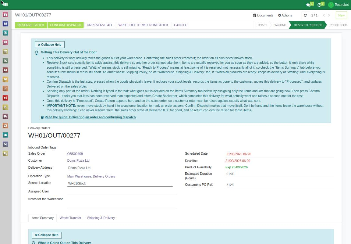 An outbound delivery at Ready to Process, showing the help panel at the top of the screen, the Confirm Dispatch button, the status bar reading Draft, Waiting, Ready to Process, Processed, and the details of the delivery