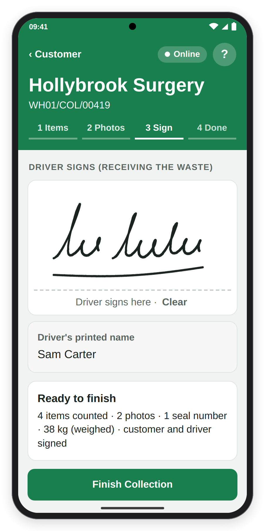 The driver's signature and printed name, then Ready to finish summing up the collection, above the Finish Collection button.