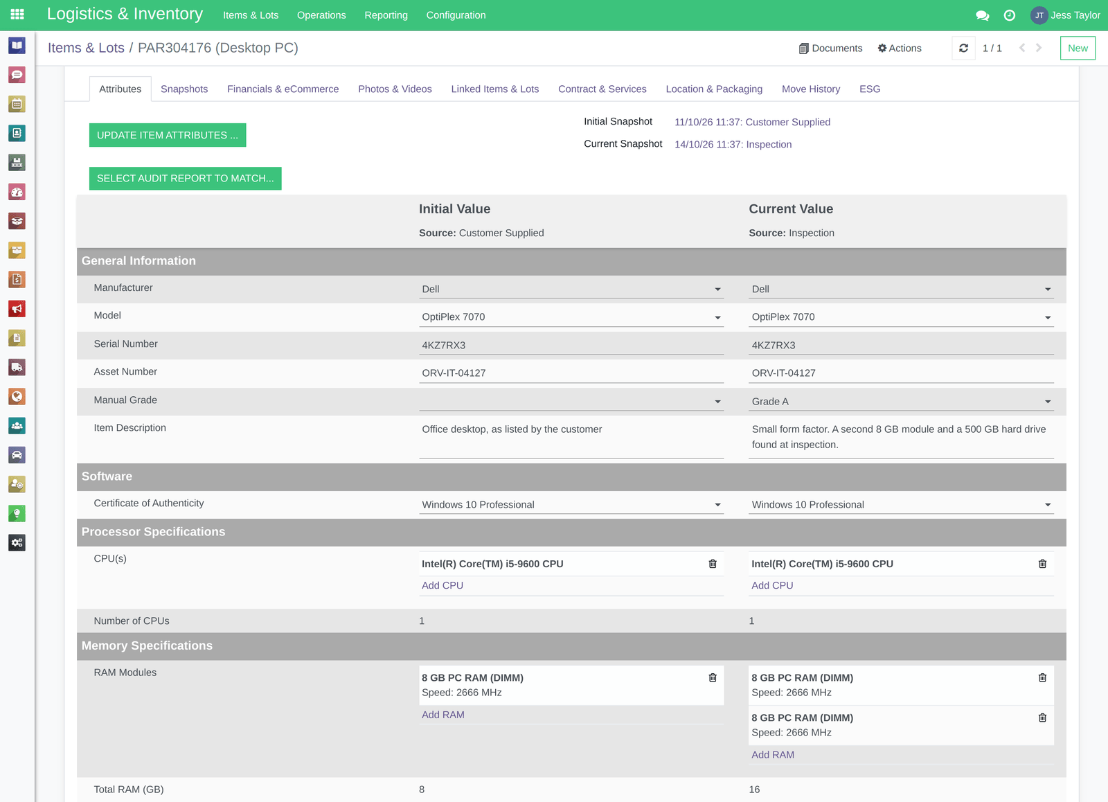 An item's snapshots in RecyclyERP, the initial snapshot beside the current one