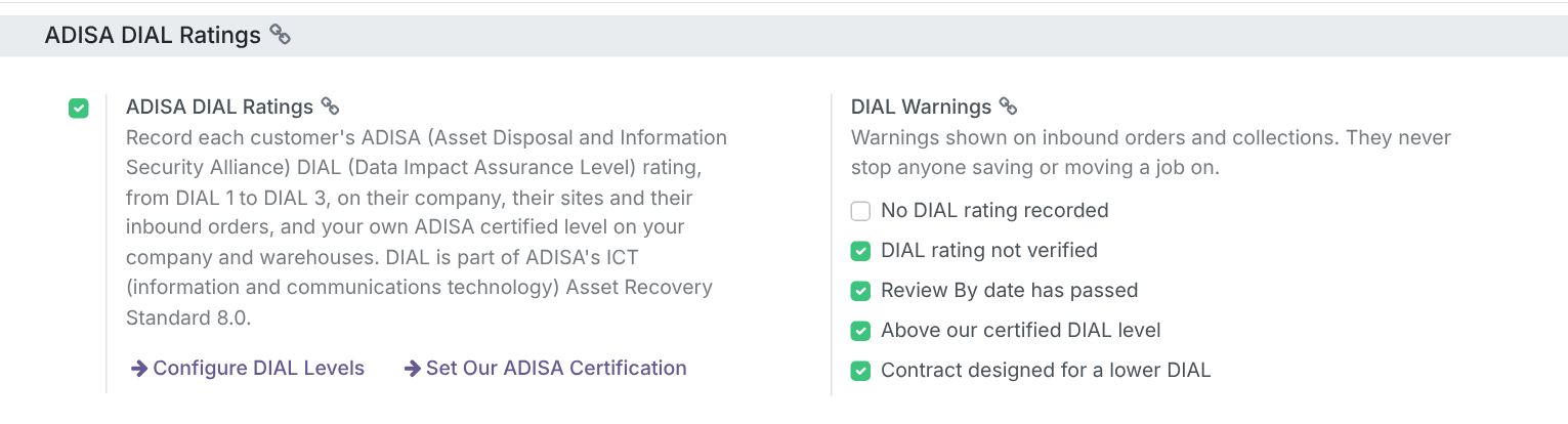 Users & Settings > Settings > Inbound, the ADISA DIAL Ratings section: the ticked ADISA DIAL Ratings box with its text and the Configure DIAL Levels and Set Our ADISA Certification buttons, and the DIAL Warnings box with every warning ticked except No DIAL rating recorded.