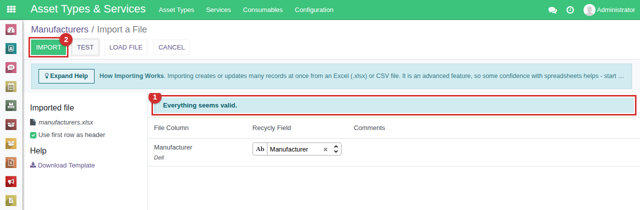 Test reports Everything seems valid (1); the Import button is marked 2
