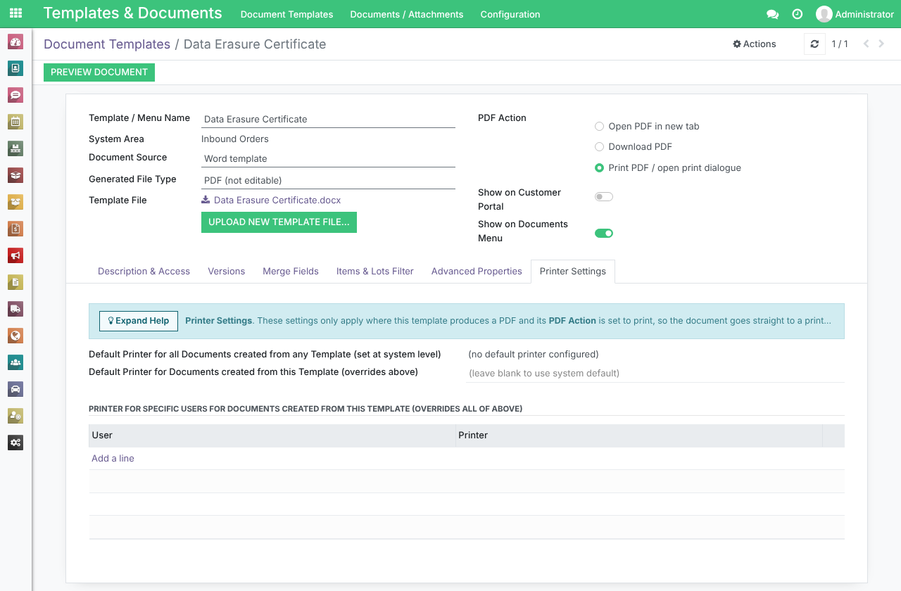 A Document Template form with Generated File Type set to PDF (not editable), PDF Action set to Print PDF / open print dialogue, and its Printer Settings tab open showing the system default printer, the printer for this template and the table of printers for specific users