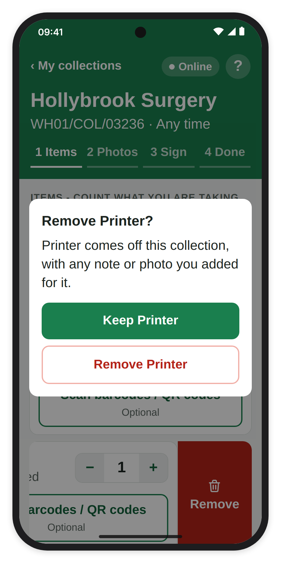Remove Printer? over Step 1 Items, saying Printer comes off this collection with any note or photo added for it, with Keep Printer and Remove Printer.