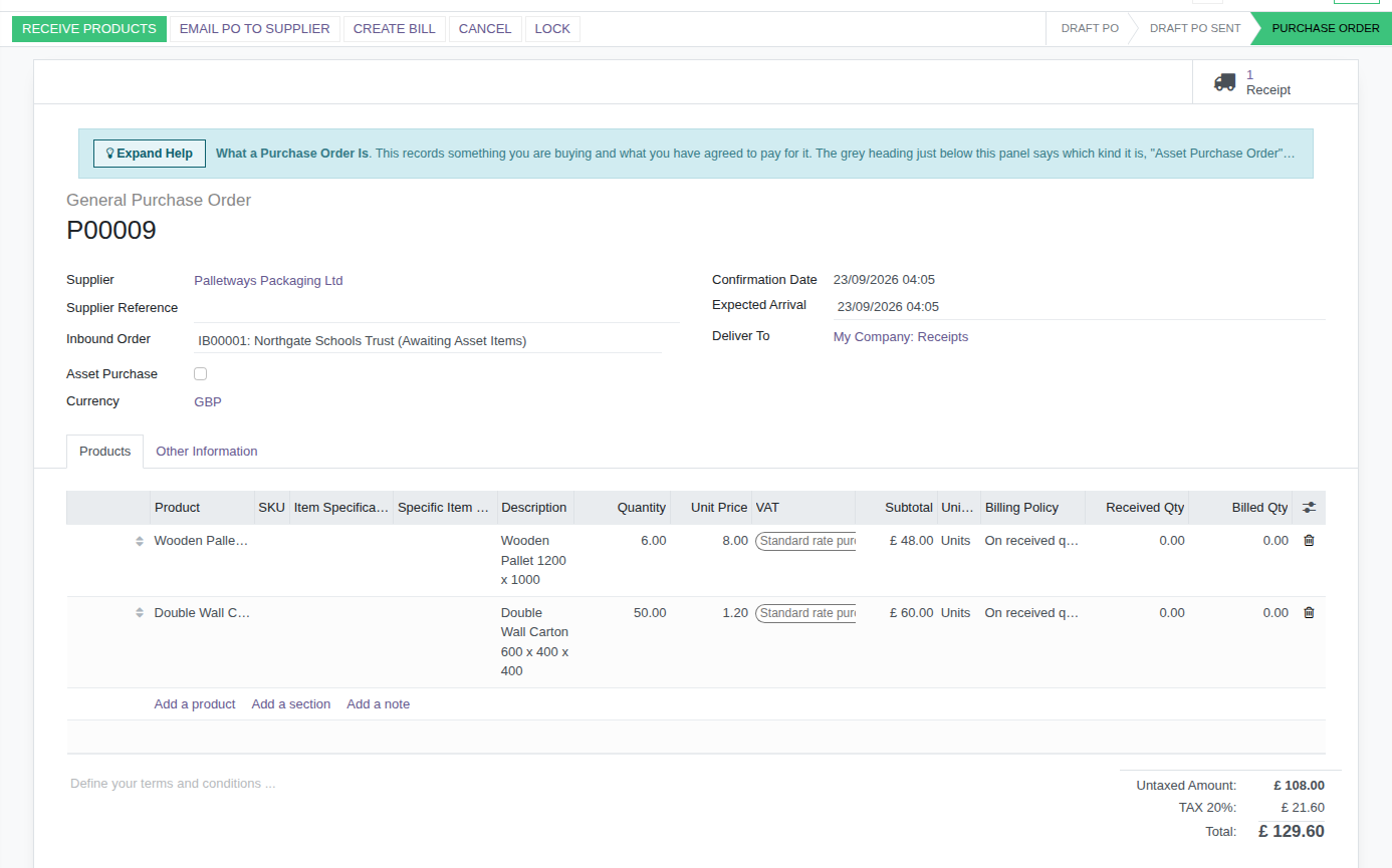A confirmed General Purchase Order for pallets and cartons, with Receive Products and the Receipt button