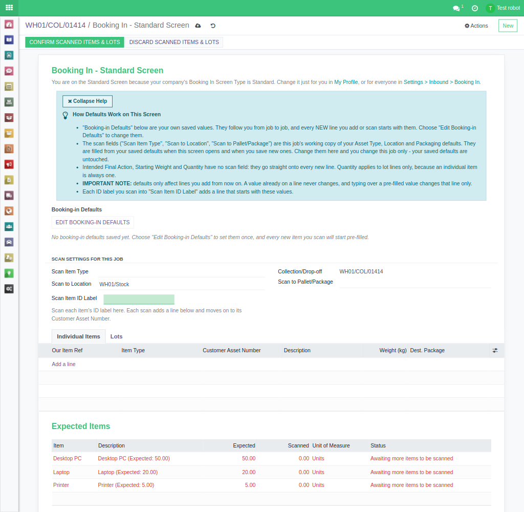 Booking In - Standard Screen, with the line under the title and the Scan Item ID Label box above the Individual Items tab