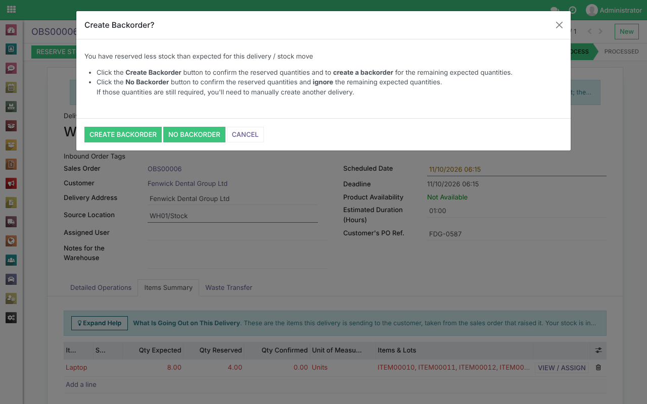 The Create Backorder? window with its Create Backorder, No Backorder and Cancel buttons
