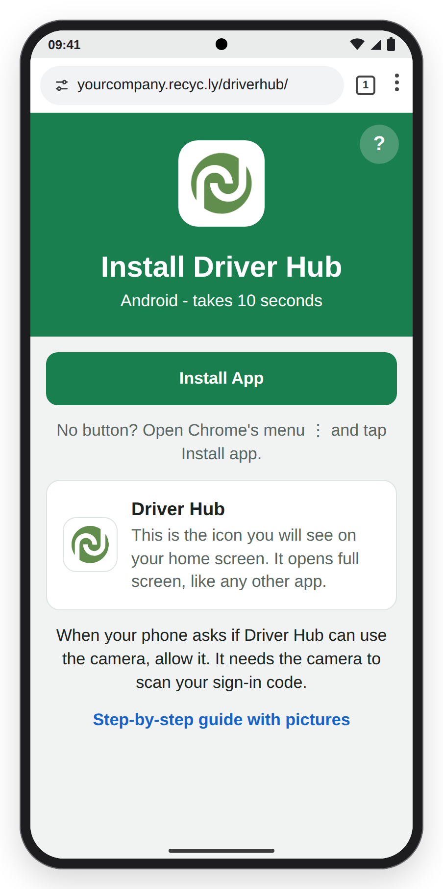 The Install Driver Hub screen on an Android phone, with the Install App button and the line about allowing the camera.
