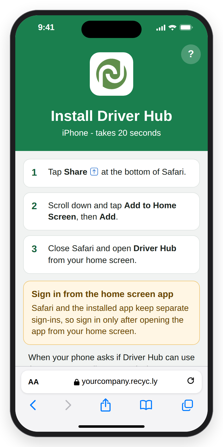 The Install Driver Hub screen on an iPhone, with the three Safari steps and the Sign in from the home screen app warning.
