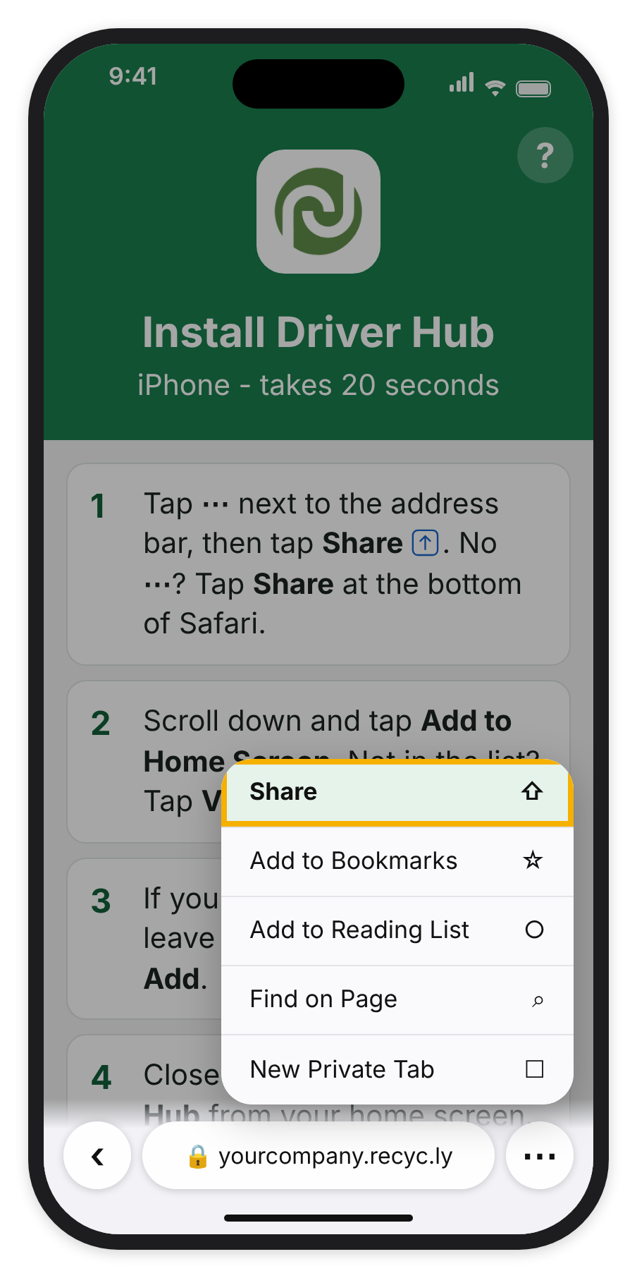 Safari on an iPhone with Driver Hub open and its ⋯ menu showing, Share highlighted.