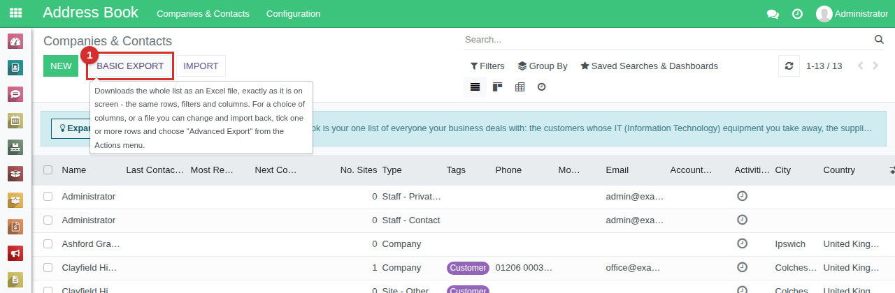 The Companies and Contacts list with the Basic Export button marked 1 and its tooltip showing